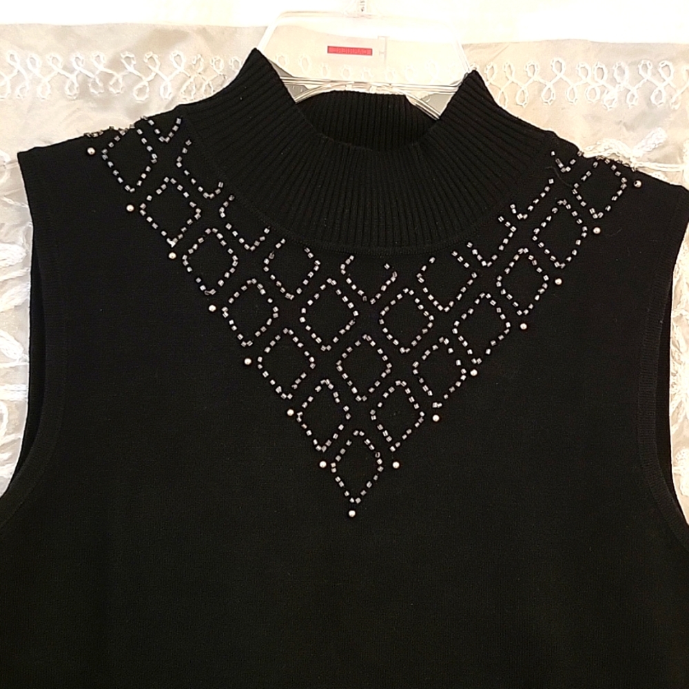 NEW Cable & Gauge Sleeveless Knit Mock-neck Top, Black with Beads, S